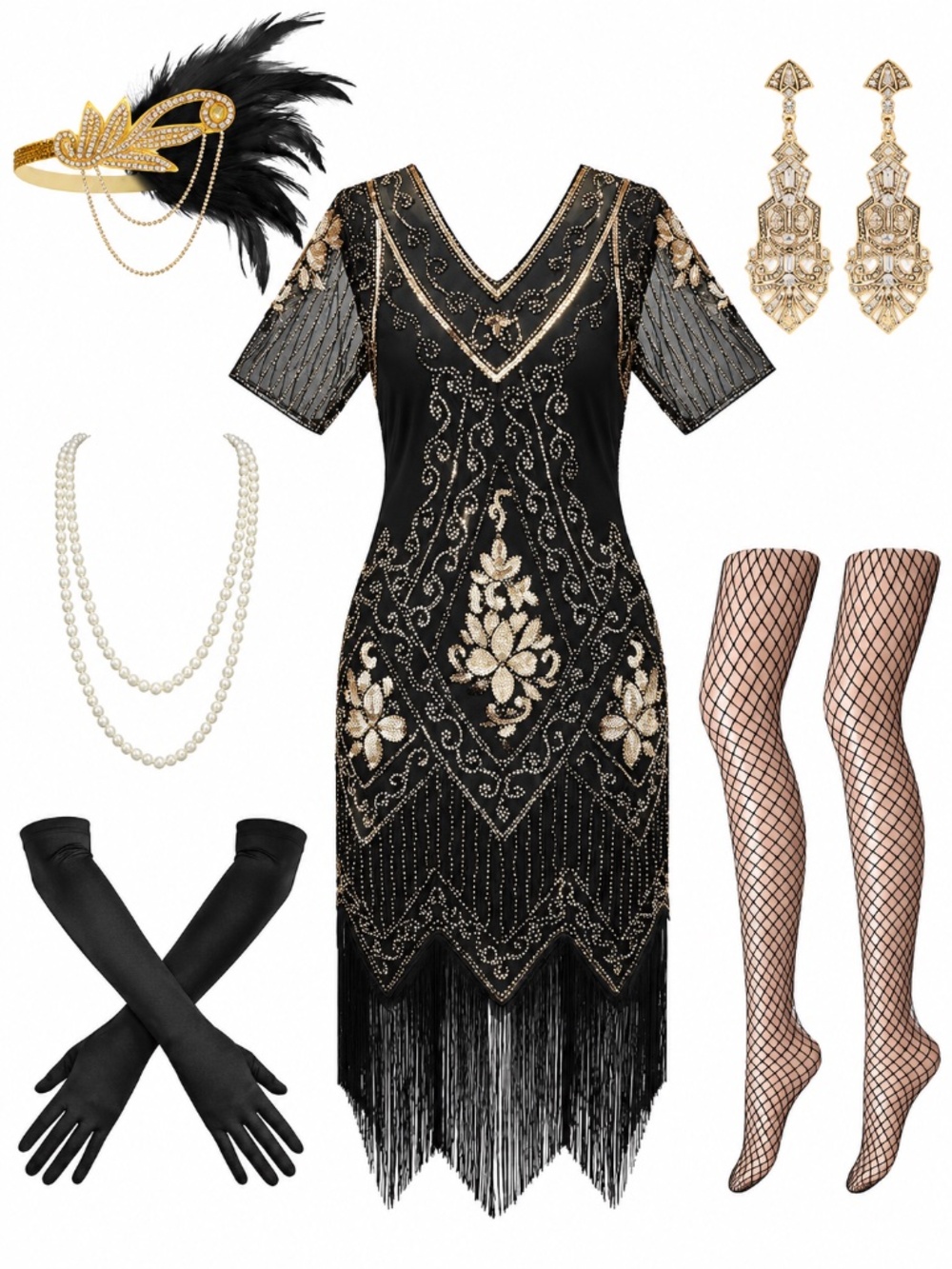 WooHand Black Gold 1920s Flapper Sequin Fringe Gatsby Costume Set | Small